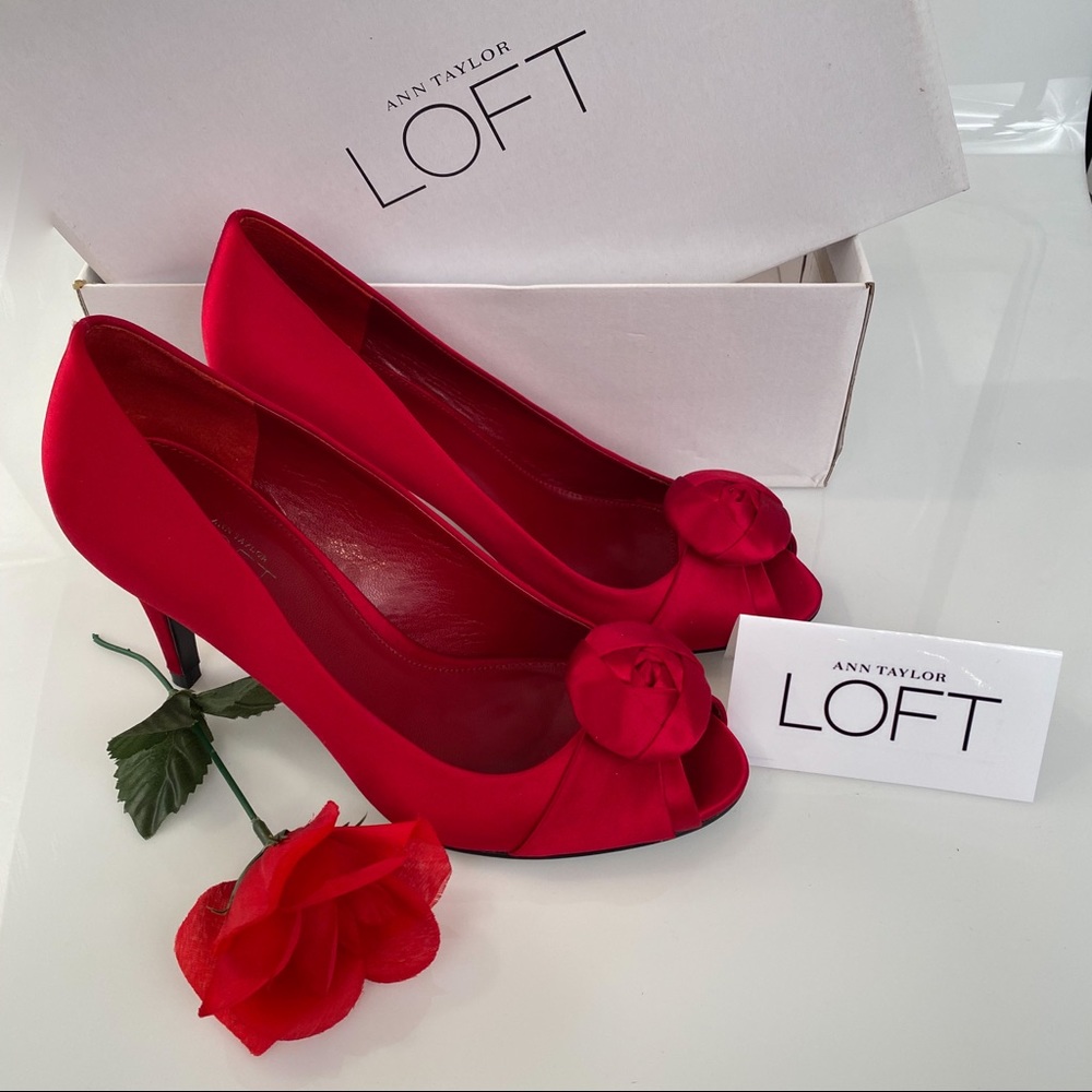 LOFT red satin heels 7.5 never worn